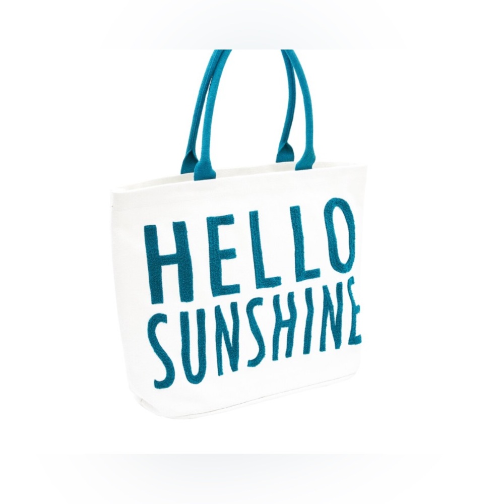 Spring Shop, Hello Sunshine, Canvas Tote Bag, 15x20x6 Teal& White, NWT.